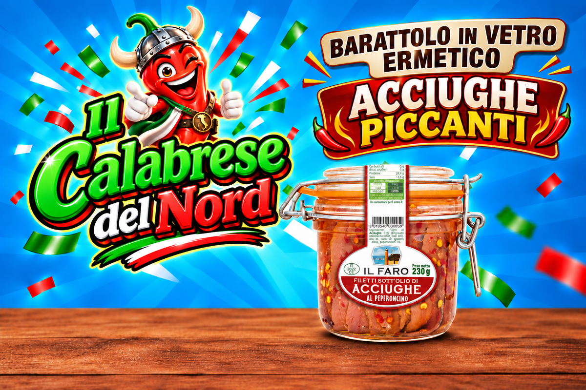 Acciughe sott'olio con vasatto in vetro con chiusura ermetica "IL FARO" vasetto da 580 gr. — sfondo blu