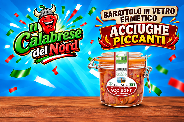 Acciughe sott'olio con vasatto in vetro con chiusura ermetica "IL FARO" vasetto da 580 gr. — sfondo blu