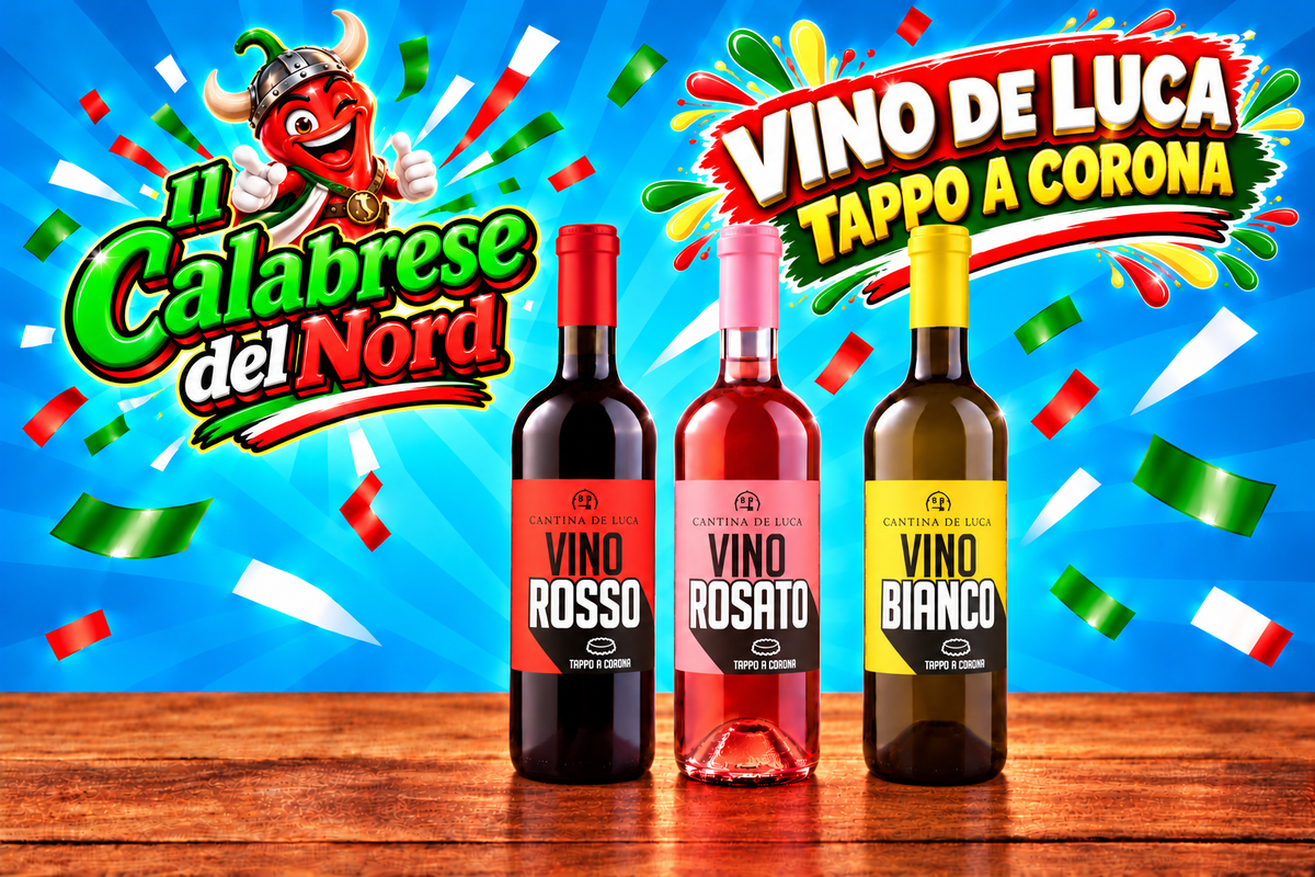 Vino in bottiglia con tappo a corona da 75 cl. "CANTINA DE LUCA" — sfondo blu