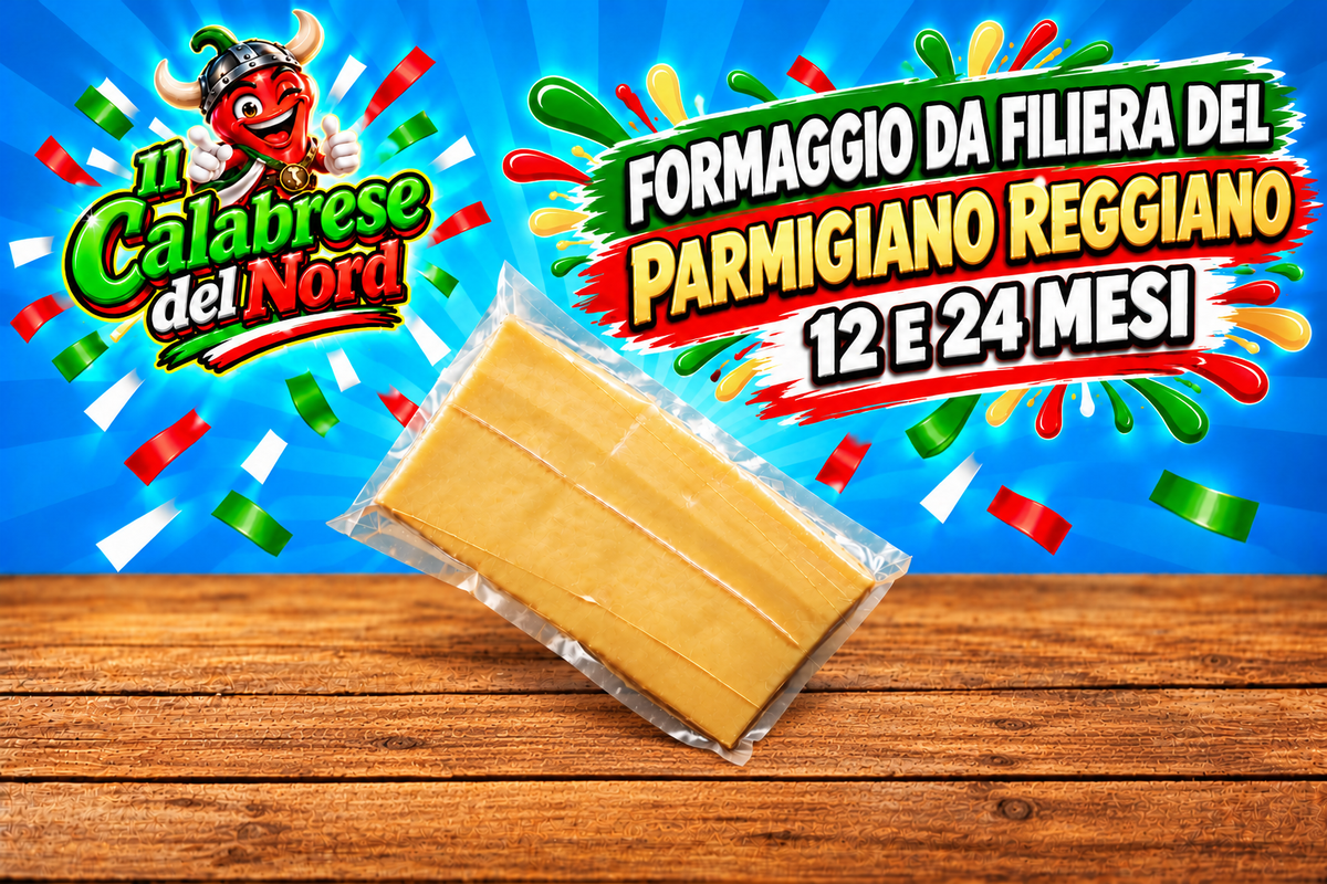Formaggio da filiera del Parmigiano Reggiano STAGIONATO 12 MESI a 13,2 euro al kg., STAGIONATO 24 MESI 16,9 euro al kg. — sfondo blu