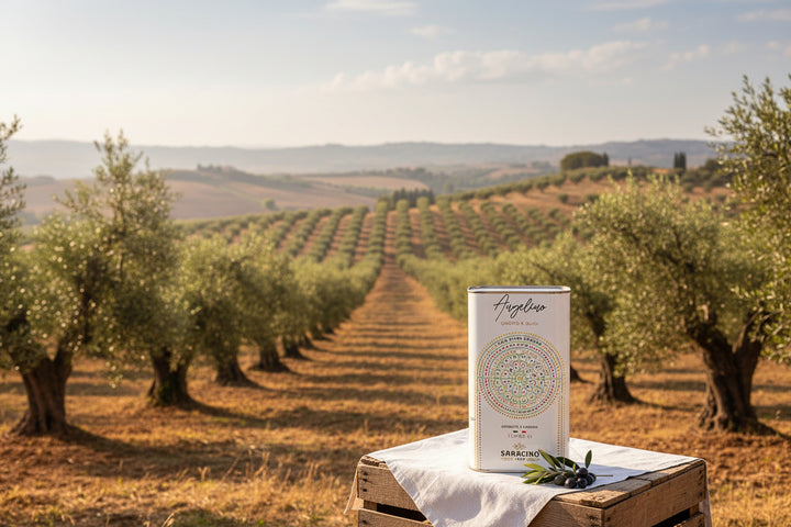 Olio d'oliva extra vergine estratto da olive italiane tanica da 1 LT. — sfondo blu