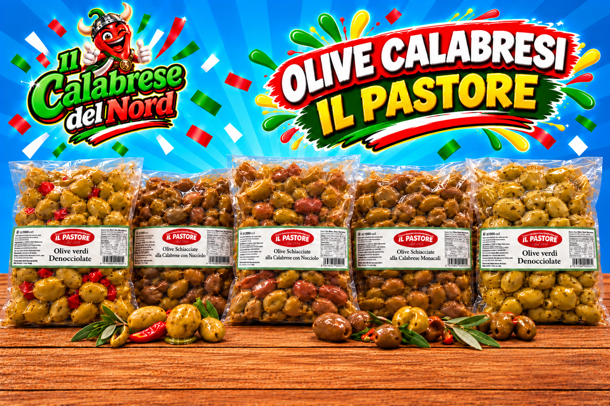 Olive calabresi confezione da 500 GR. "IL PASTORE DAL 1950" — sfondo blu