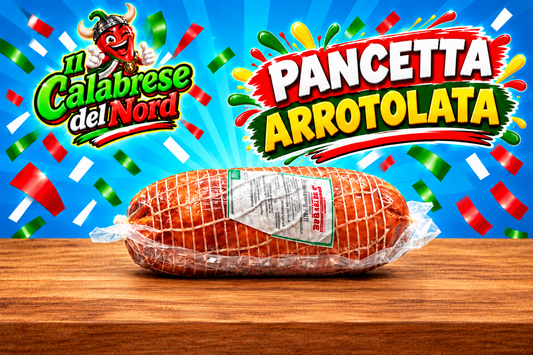 Pancetta arrotolata 19 € al kg. — sfondo blu