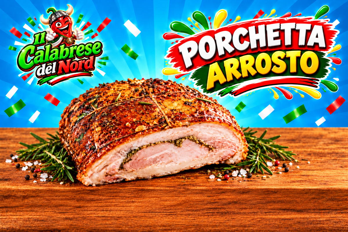 Porchetta arrosto 22 € al kg. — Listino Privati, sfondo blu
