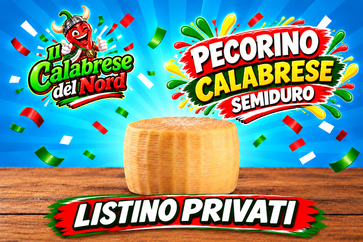Pecorino calabrese semiduro 16,8 € al kg. confezione da 950 gr. circa — Listino Privati, sfondo blu
