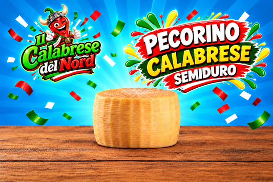 Pecorino calabrese semiduro 16,8 € al kg. confezione da 950 gr. circa — sfondo blu