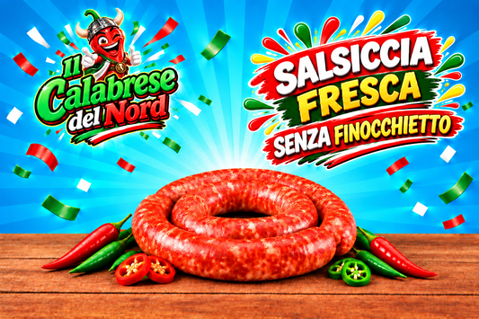 Salsiccia Calabrese fresca SENZA FINOCCHIETTO 11,8 € al kg. — sfondo blu