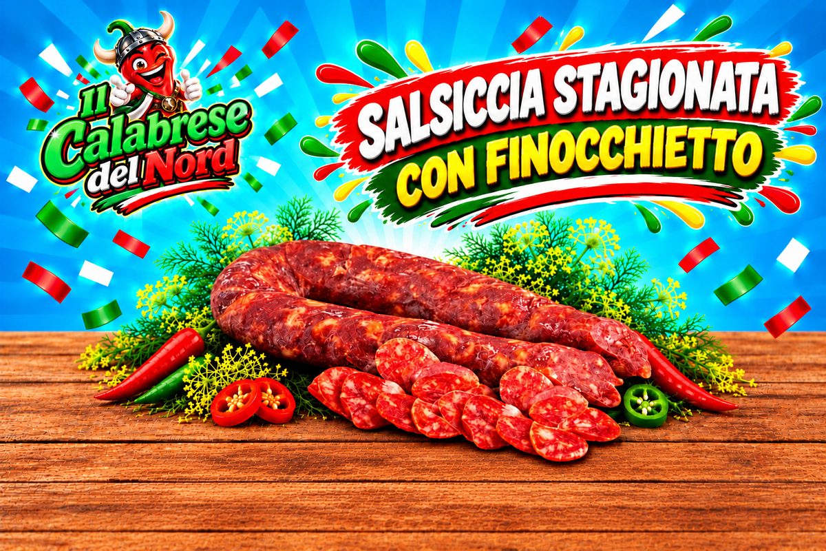 Salsiccia stagionata calabrese CON FINOCCHIETTO 16,8 € al Kg. — Listino Privati, sfondo blu