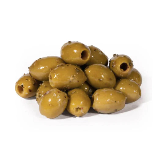 Le Olive condite sono un antipasto tipico della zona mediterranea, specie del sud Italia. Le olive verdi denocciolate sono semplici da preparare e succose in modo irresistibile. – CONFEZIONE SOTTOVUOTO DA 500 gr.