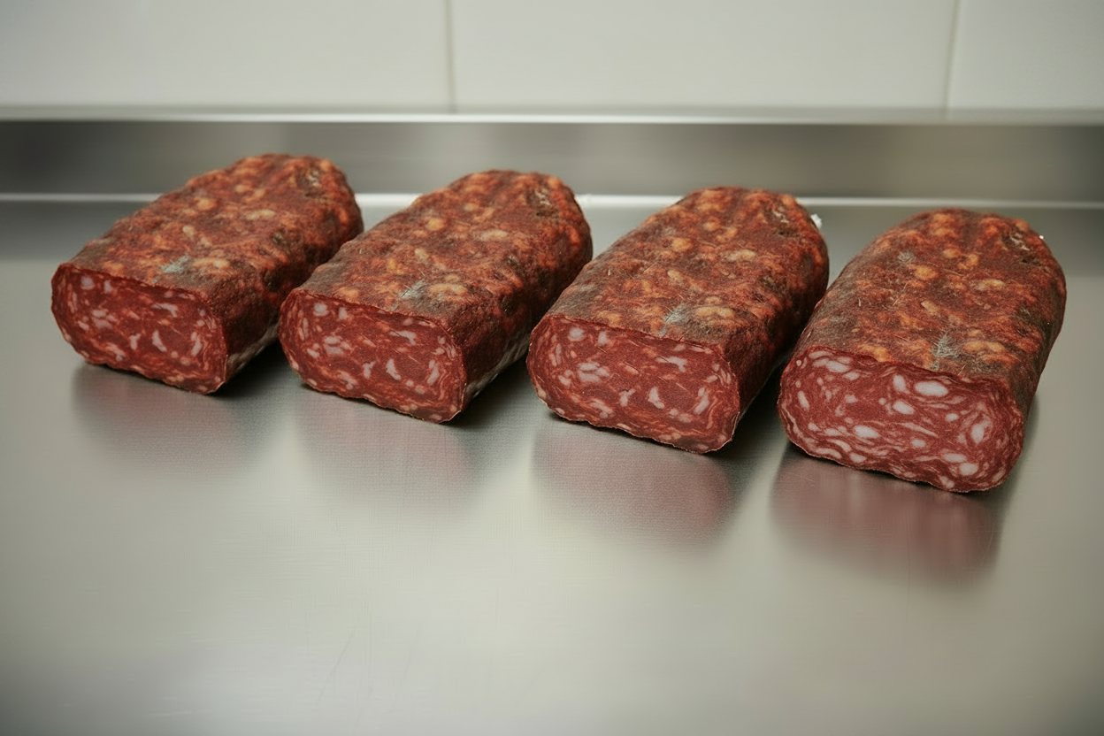 La soppressata di Calabria dolce è l’insaccato calabrese più pregiato perché ottenuto dalla lavorazione delle carni più magre del maiale, il prosciutto e il filetto, con l’aggiunta del miglior lardo proveniente dalla parte anteriore del lombo. Le carni, tritate a medio taglio e aromatizzate con pepe nero o peperoncino di Calabria dolce o piccante, vengono poi insaccate in budello naturale, forate e legate a mano con spago naturale. Tempo di stagionatura 50/60 giorni