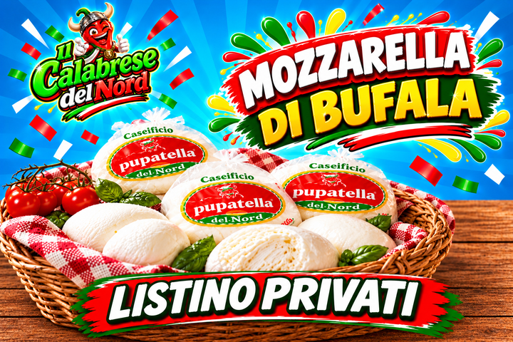 Mozzarella di bufala 16 € al kg. — Listino Privati, sfondo blu