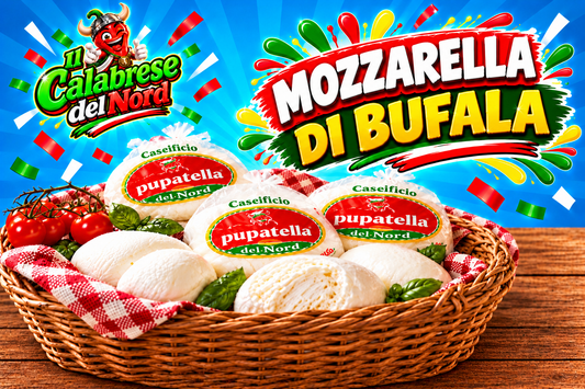 Mozzarella di bufala 16 € al kg. — sfondo blu