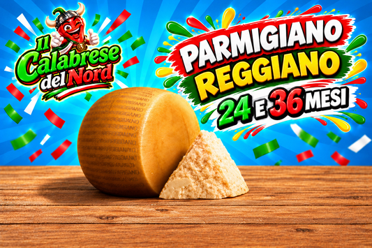 Parmigiano Reggiano stagionato 24 mesi prima scelta 21,5 € al kg., 36 mesi prima scelta a 24,5 € al kg. — sfondo blu