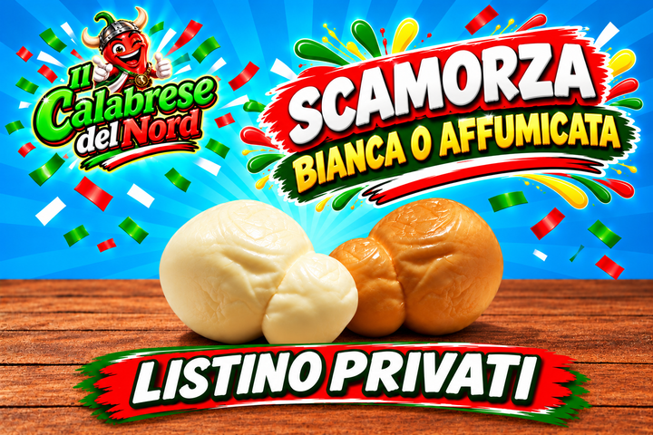 Scamorza 9,6 € al kg. — Listino Privati, sfondo blu
