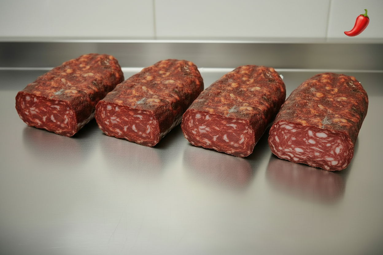 La soppressata di Calabria piccante è l’insaccato calabrese più pregiato perché ottenuto dalla lavorazione delle carni più magre del maiale, il prosciutto e il filetto, con l’aggiunta del miglior lardo proveniente dalla parte anteriore del lombo. Le carni, tritate a medio taglio e aromatizzate con pepe nero o peperoncino di Calabria dolce o piccante, vengono poi insaccate in budello naturale, forate e legate a mano con spago naturale. Tempo di stagionatura 50/60 giorni
