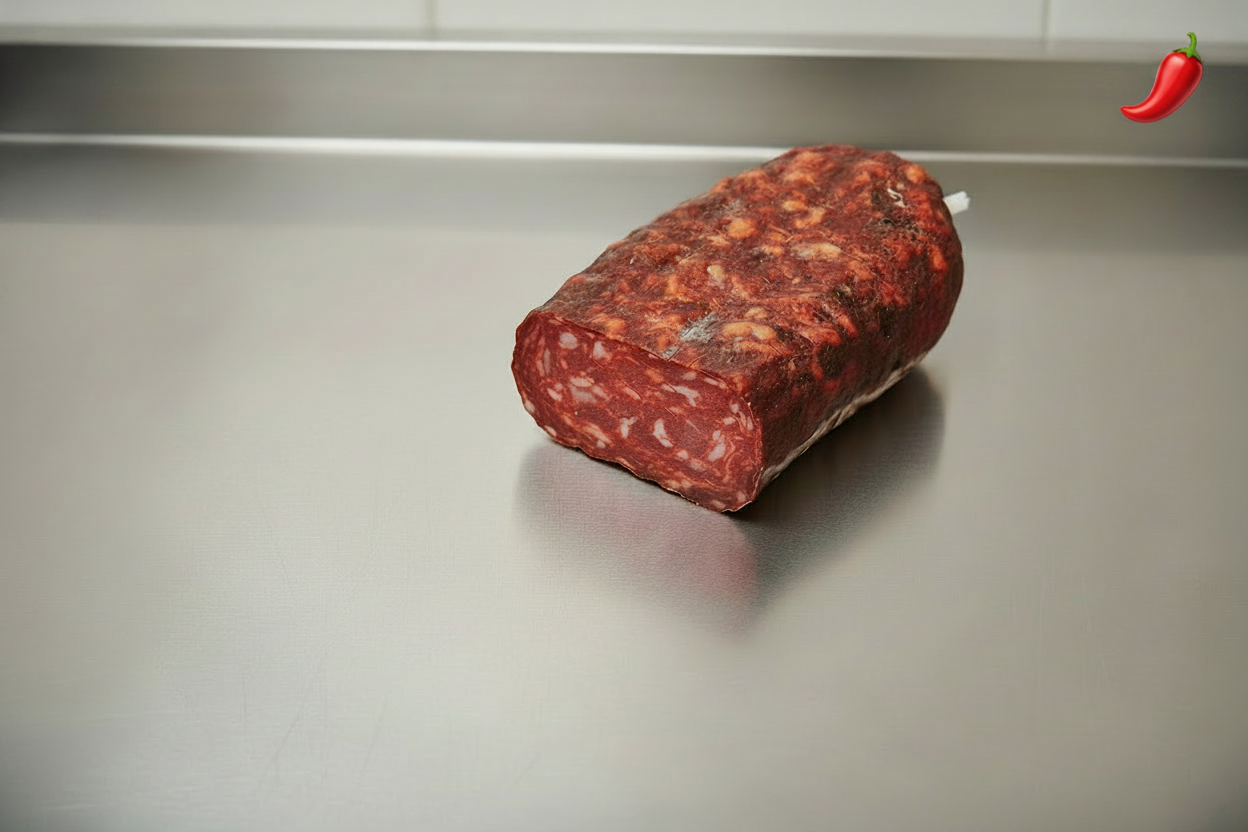 La soppressata di Calabria piccante è l’insaccato calabrese più pregiato perché ottenuto dalla lavorazione delle carni più magre del maiale, il prosciutto e il filetto, con l’aggiunta del miglior lardo proveniente dalla parte anteriore del lombo. Le carni, tritate a medio taglio e aromatizzate con pepe nero o peperoncino di Calabria dolce o piccante, vengono poi insaccate in budello naturale, forate e legate a mano con spago naturale. Tempo di stagionatura 50/60 giorni
