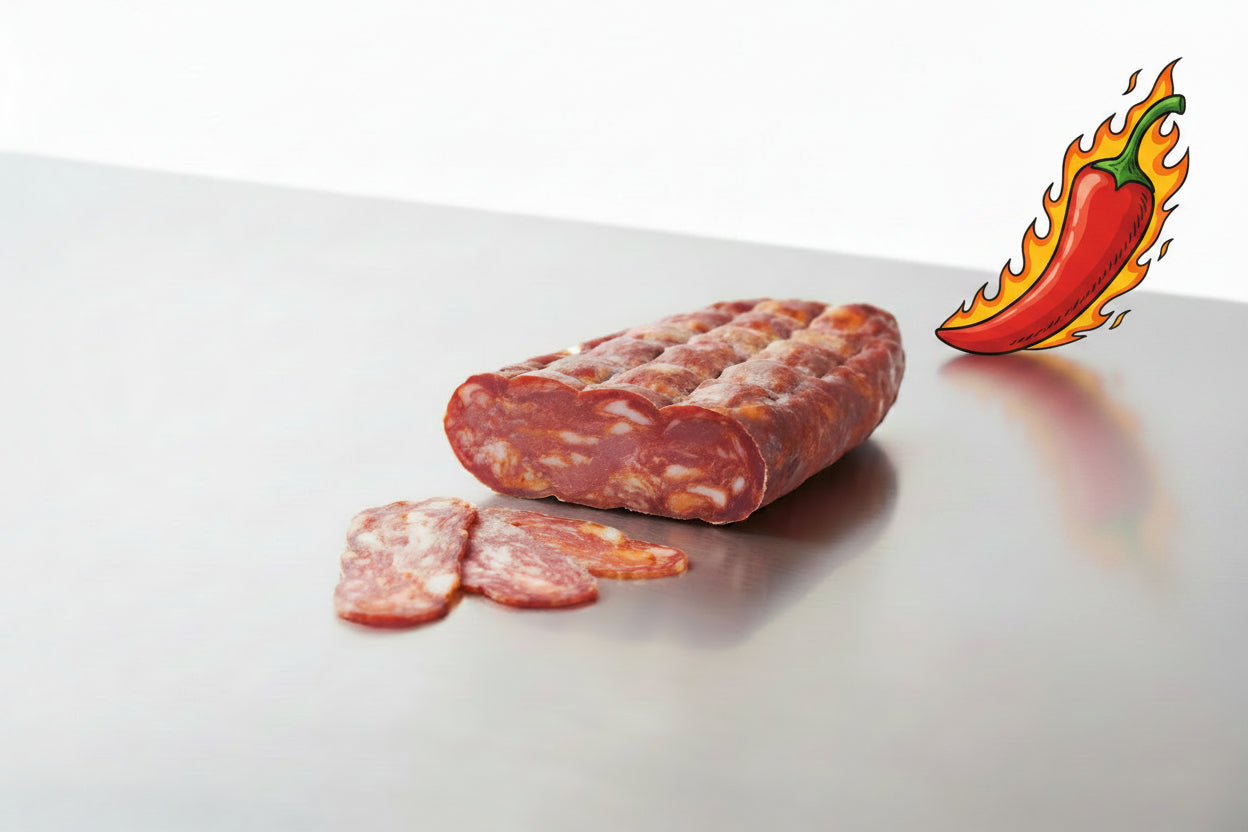 La spianata calabrese (nota anche come schiacciata) è un salume tipico della Calabria, celebre per la sua caratteristica forma piatta e il sapore intenso e piccante. Viene prodotta utilizzando tagli pregiati di maiale, come il prosciutto e la spalla, macinati finemente e arricchiti con lardelli di grasso, sale, pepe nero e l'immancabile peperoncino calabrese.