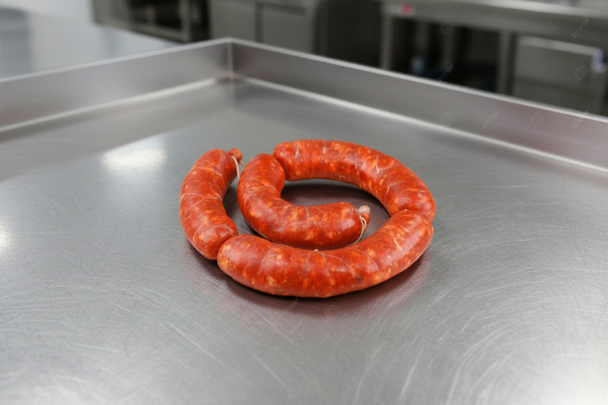 La salsiccia calabrese fresca dolce è un insaccato tradizionale preparato con tagli selezionati di carne suina (come spalla e sottocostola), caratterizzato dall'assenza di conservanti chimici e da un aroma intenso dato da ingredienti locali, insaccato in budello naturale è un prodotto genuino realizzato SOLO con carne di maiale, sale e peperoncino piccante, nel rispetto delle antiche tradizioni contadine.