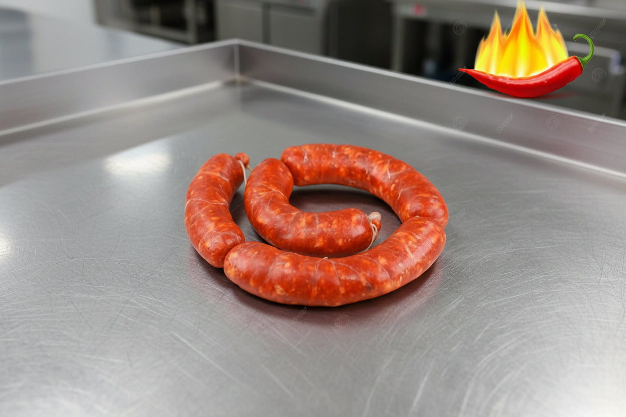 La salsiccia calabrese fresca piccante è un insaccato tradizionale preparato con tagli selezionati di carne suina (come spalla e sottocostola), caratterizzato dall'assenza di conservanti chimici e da un aroma intenso dato da ingredienti locali, insaccato in budello naturale è un prodotto genuino realizzato SOLO con carne di maiale, sale e peperoncino piccante, nel rispetto delle antiche tradizioni contadine.